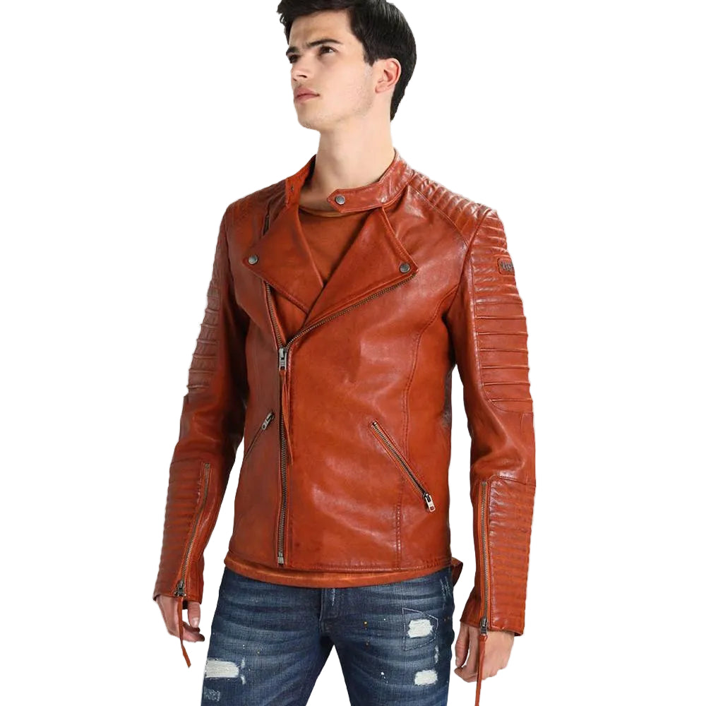• brown motorcycle leather jacket mens front view
