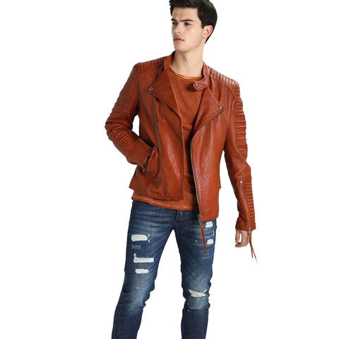 • mens brown biker jacket zipper detail
