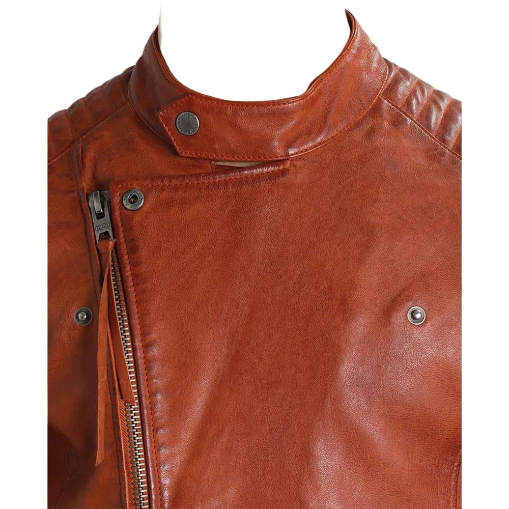 • brown leather moto jacket cuffs close up
