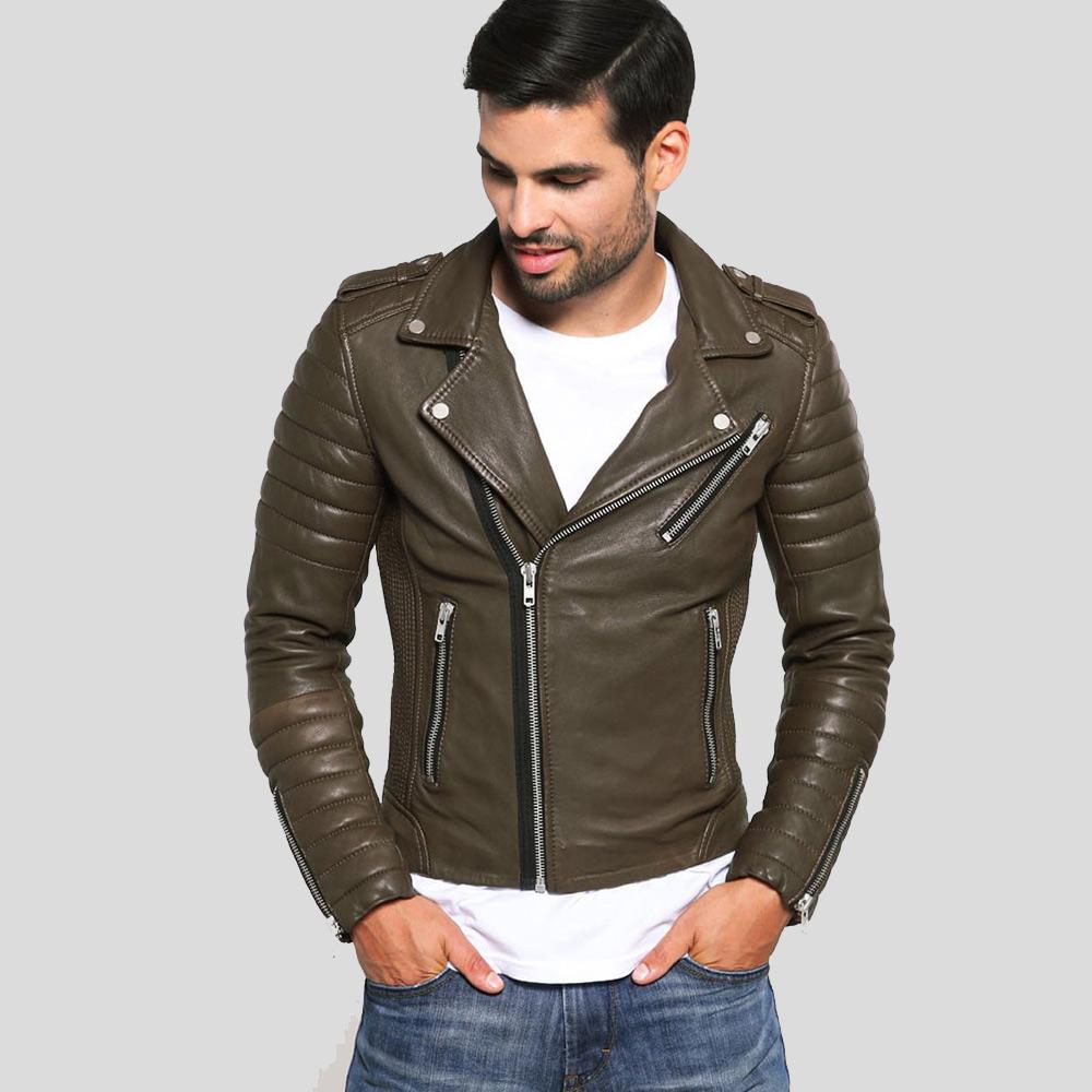 men's brown quilted lambskin leather biker jacket cassian front view