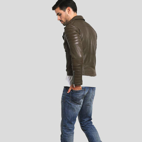 men's brown quilted lambskin leather biker jacket cassian side angle