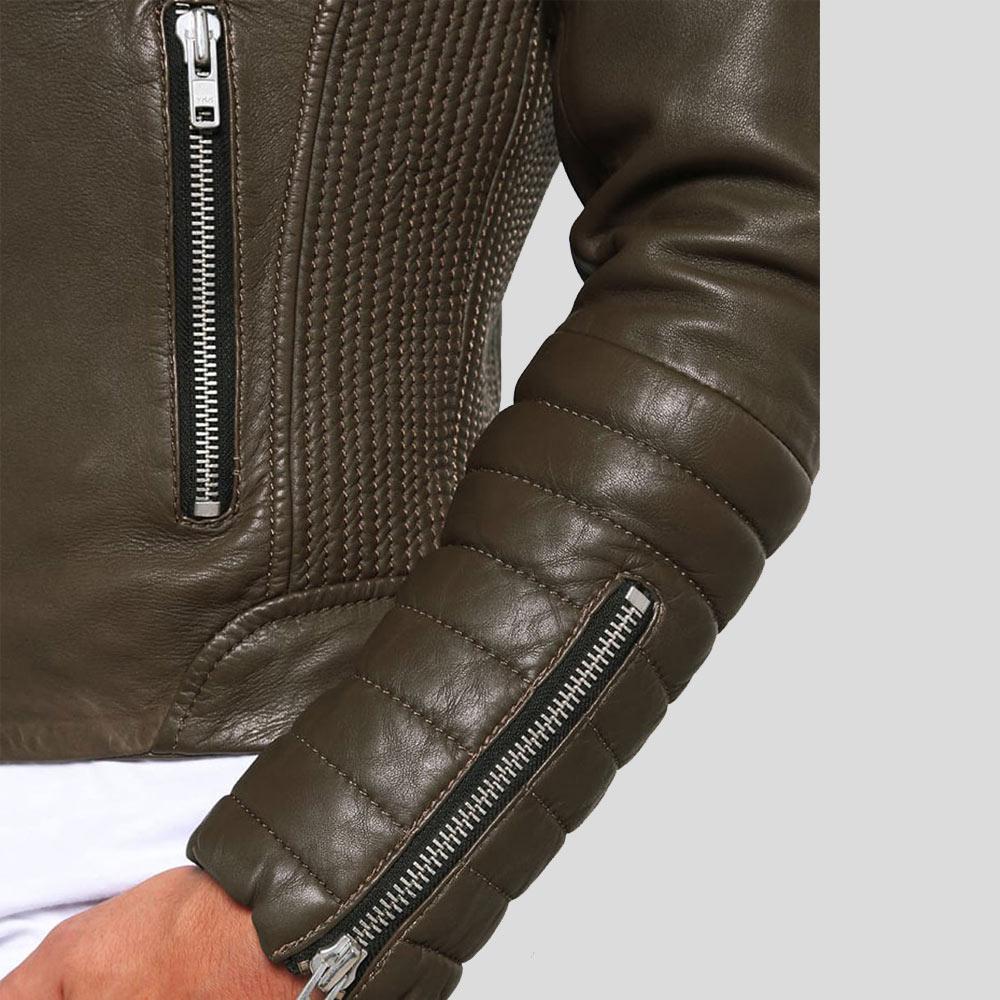 men's brown quilted lambskin leather biker jacket cassian detail close up