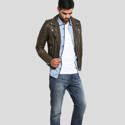 men's brown quilted lambskin leather biker jacket cassian styling view