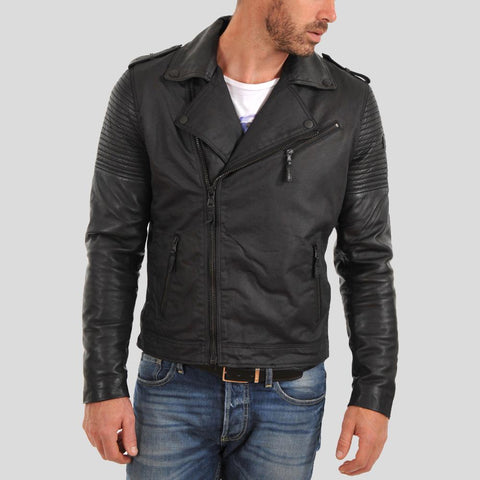 • black motorcycle leather jacket mens front view
