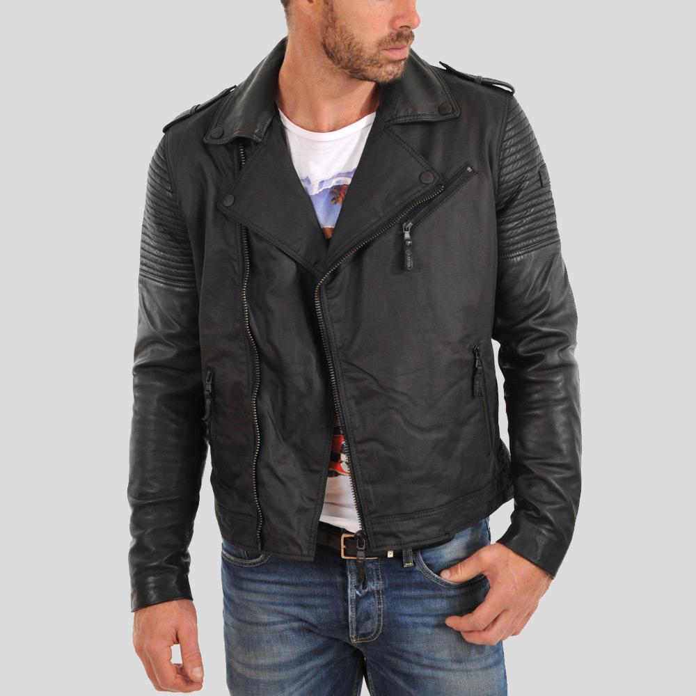 • lambskin biker jacket notch collar detail

