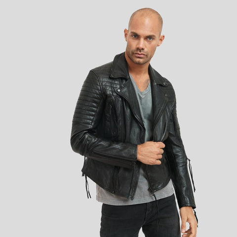 men's black lambskin leather bomber jacket damon front view