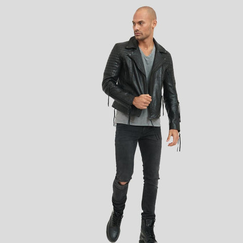 men's black lambskin leather bomber jacket damon side angle