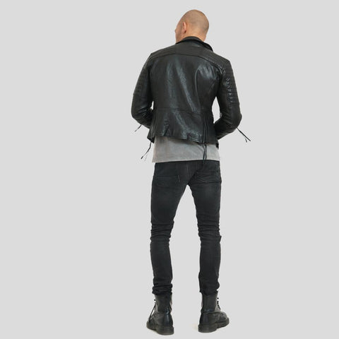 men's black lambskin leather bomber jacket damon back view