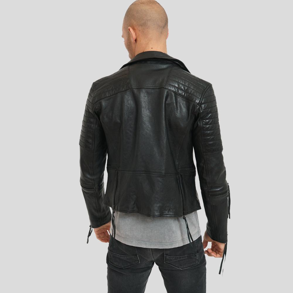 men's black lambskin leather bomber jacket damon detail close up