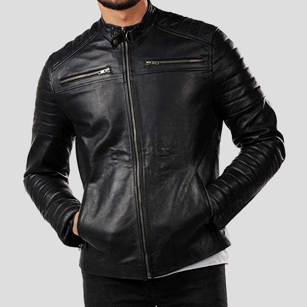men's black lambskin leather bomber jacket lennox front view