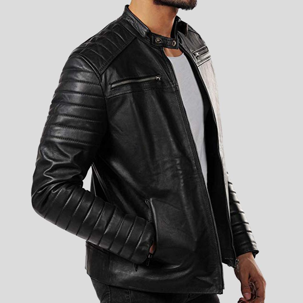 men's black lambskin leather bomber jacket lennox side angle