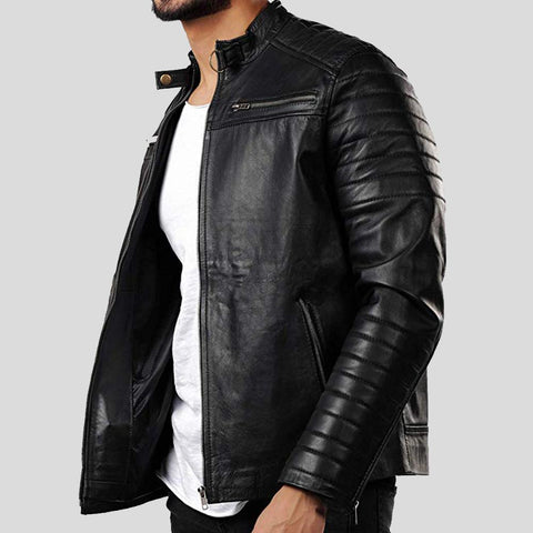 men's black lambskin leather bomber jacket lennox back view