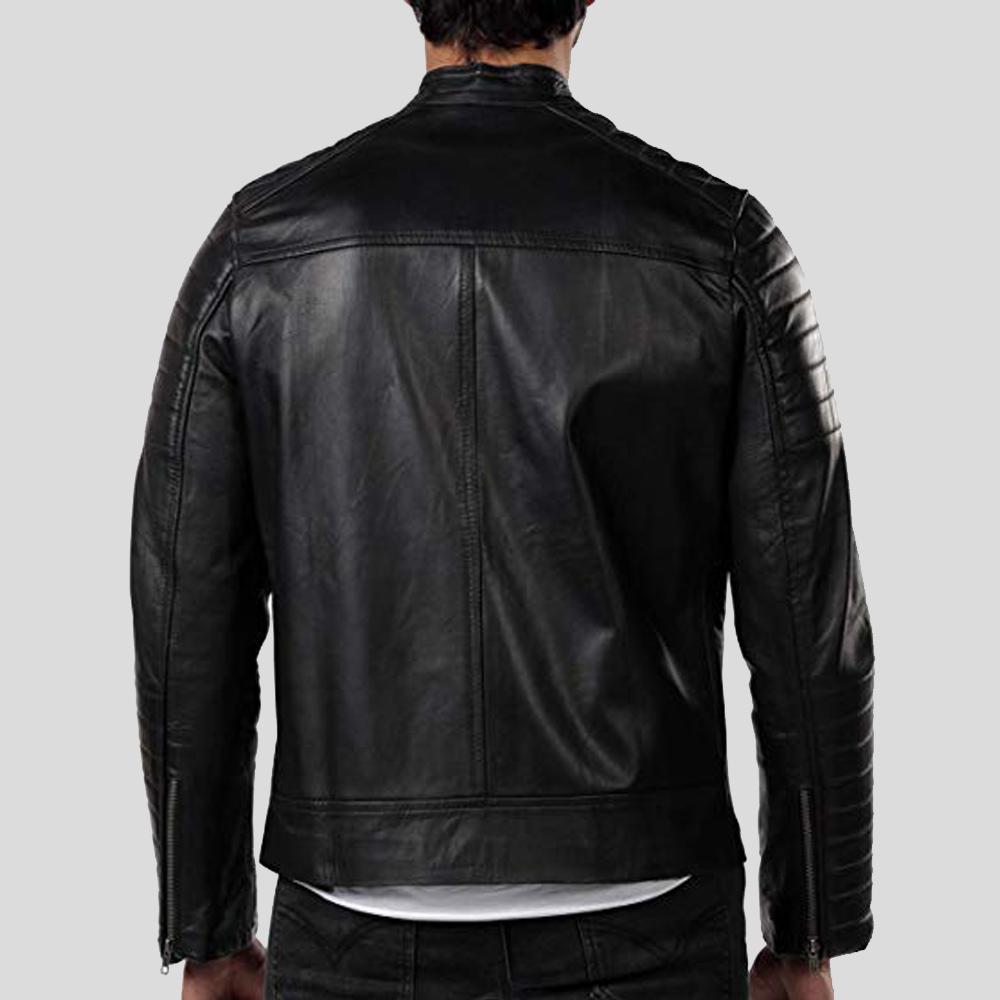 men's black lambskin leather bomber jacket lennox detail close up