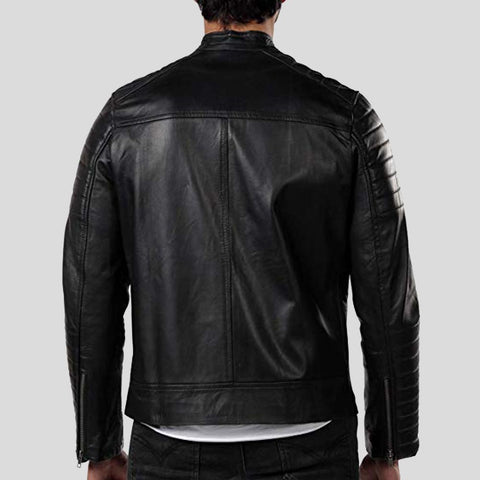 men's black lambskin leather bomber jacket lennox detail close up
