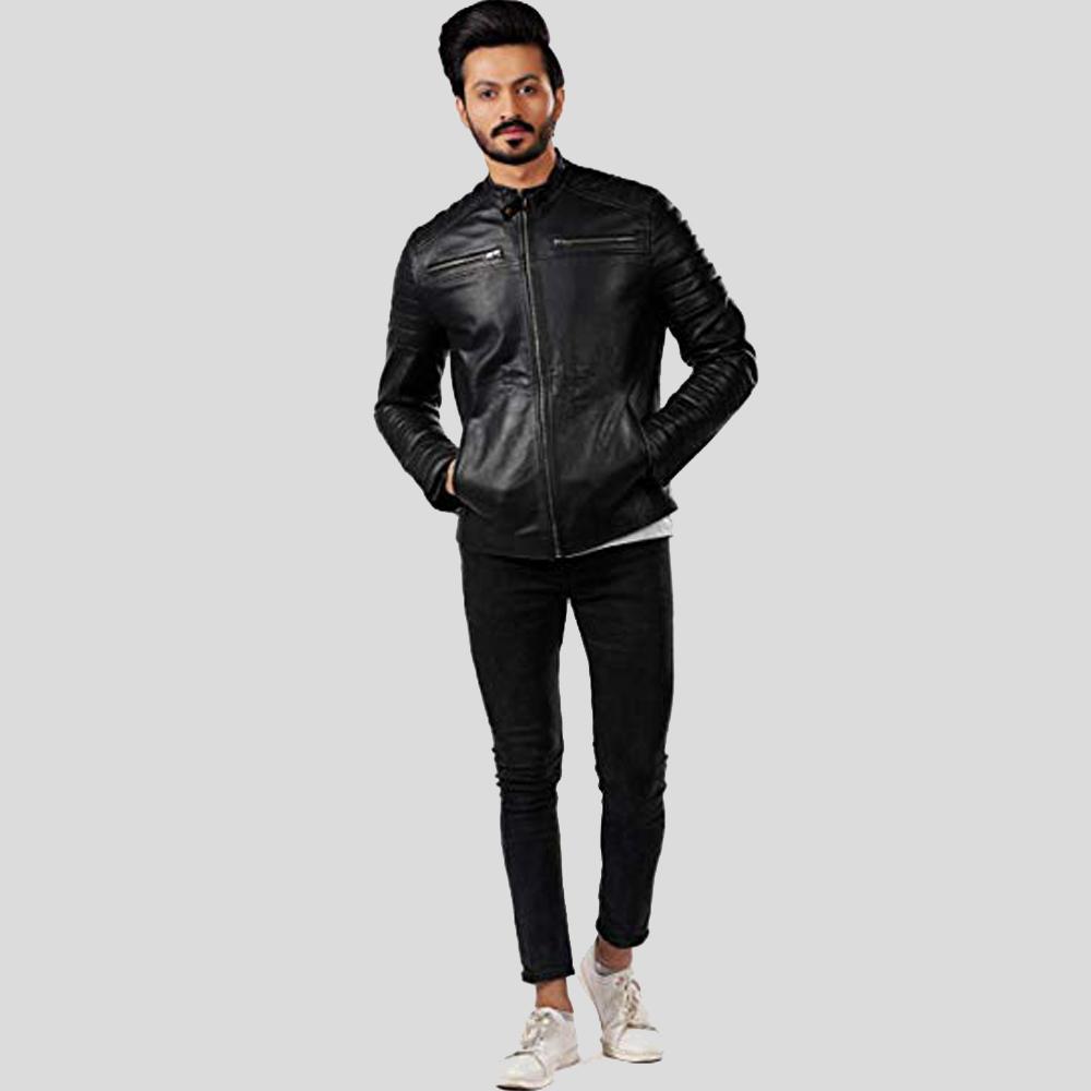 men's black lambskin leather bomber jacket lennox texture detail