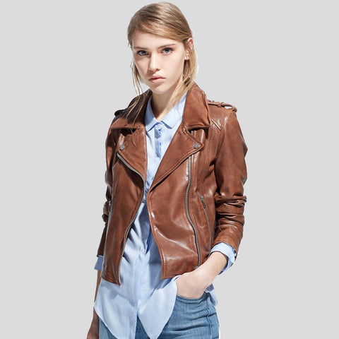 women's brown leather biker jacket rhea front view
