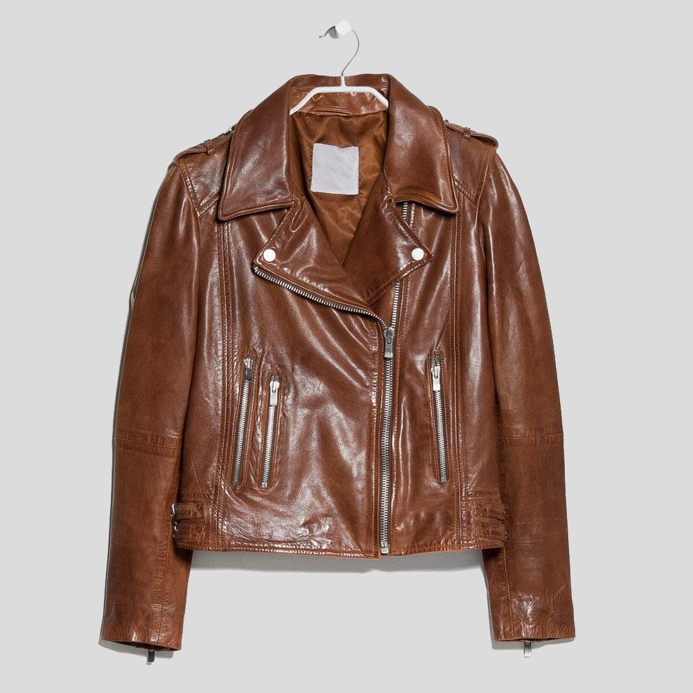 women's brown leather biker jacket rhea side angle