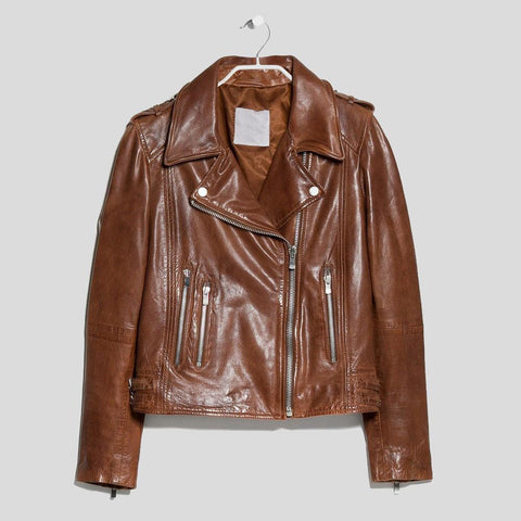 women's brown leather biker jacket rhea side angle
