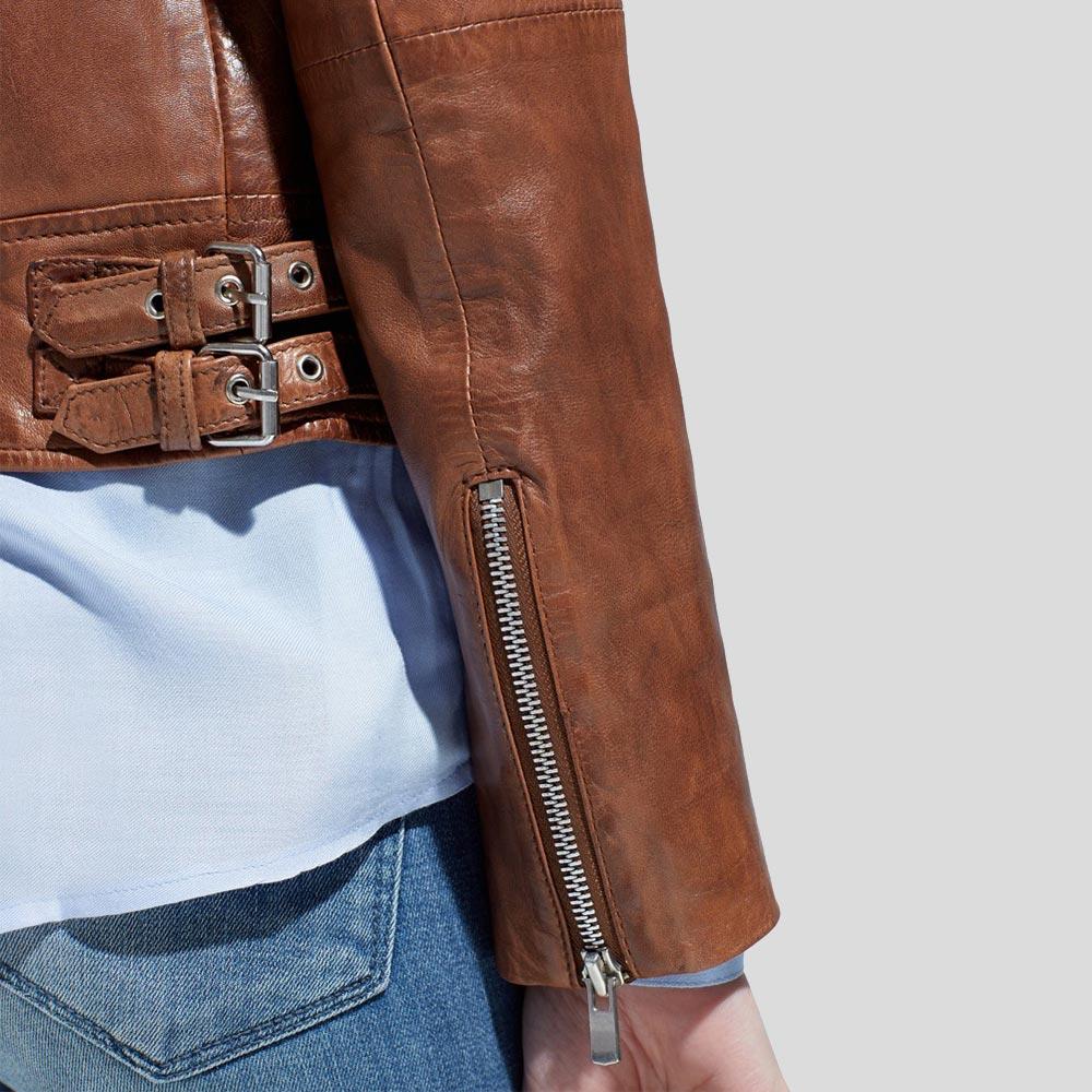women's brown leather biker jacket rhea back view