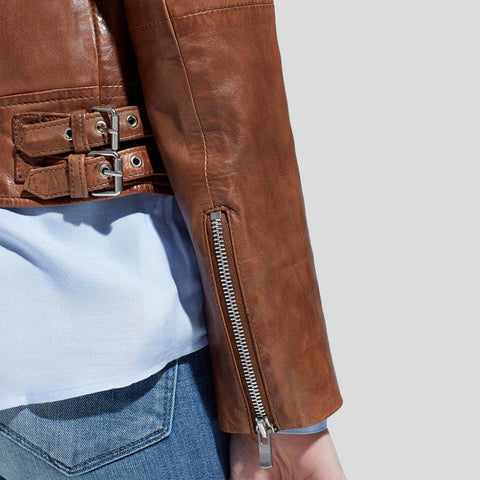 women's brown leather biker jacket rhea back view
