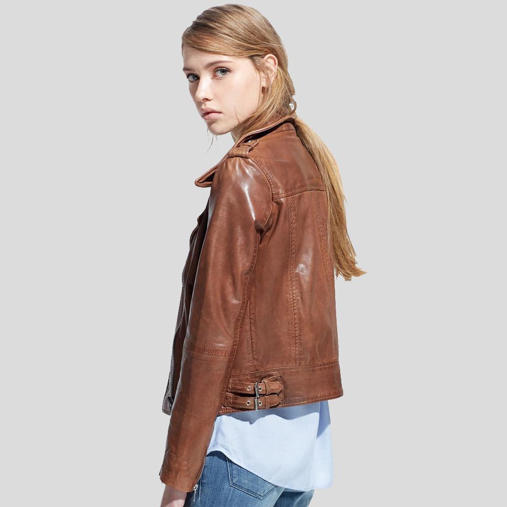 women's brown leather biker jacket rhea detail close up