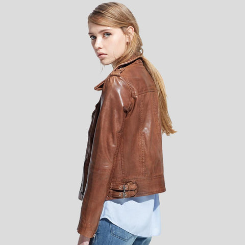 women's brown leather biker jacket rhea detail close up