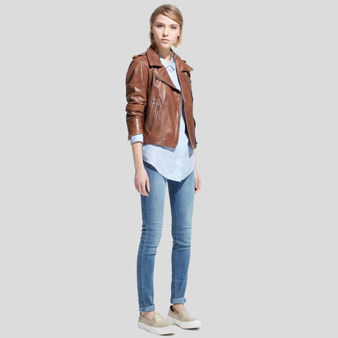 women's brown leather biker jacket rhea texture detail