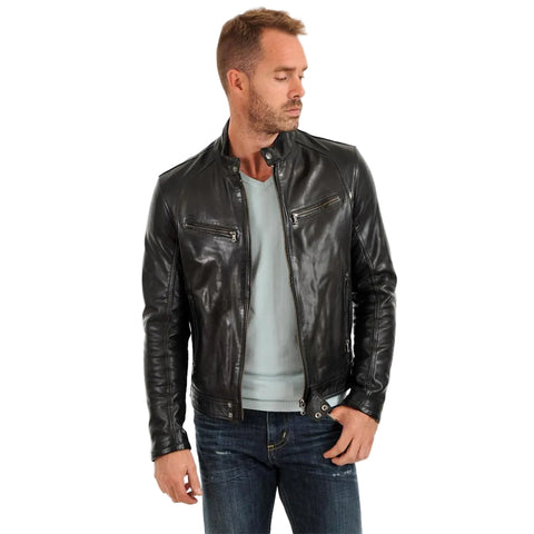 • black motorcycle leather jacket mens front view
