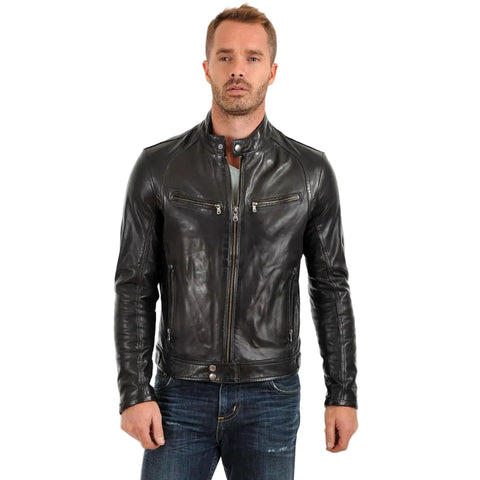 • band collar leather jacket detail close up
