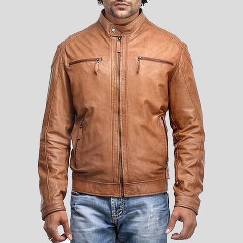 men’s brown lambskin leather biker jacket front view