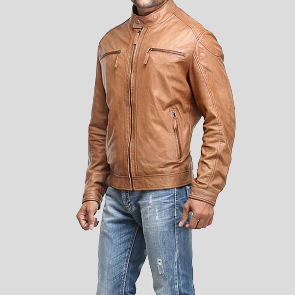 men’s brown lambskin leather biker jacket detail view
