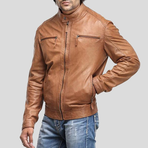 men’s brown lambskin leather biker jacket back view