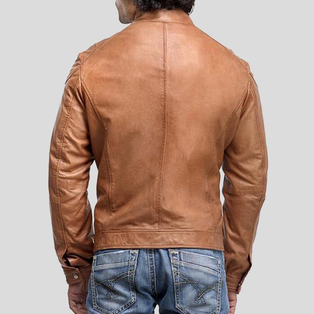 men’s brown lambskin leather biker jacket side angle