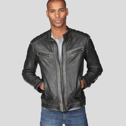 men’s black lambskin leather biker jacket front view