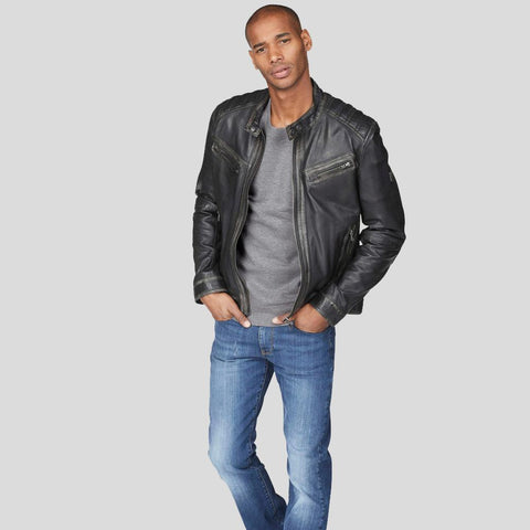 men’s black lambskin leather biker jacket side angle