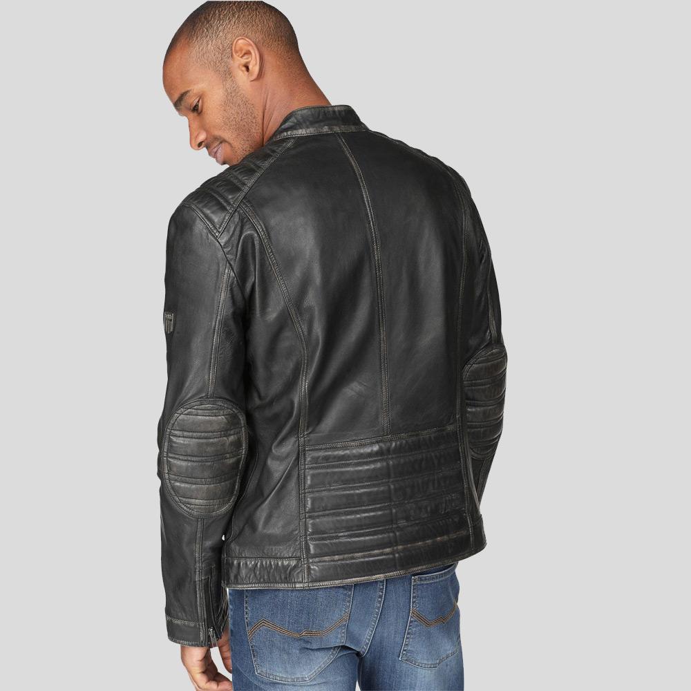 men’s black lambskin leather biker jacket back view