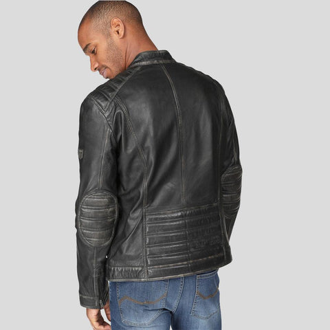 men’s black lambskin leather biker jacket back view