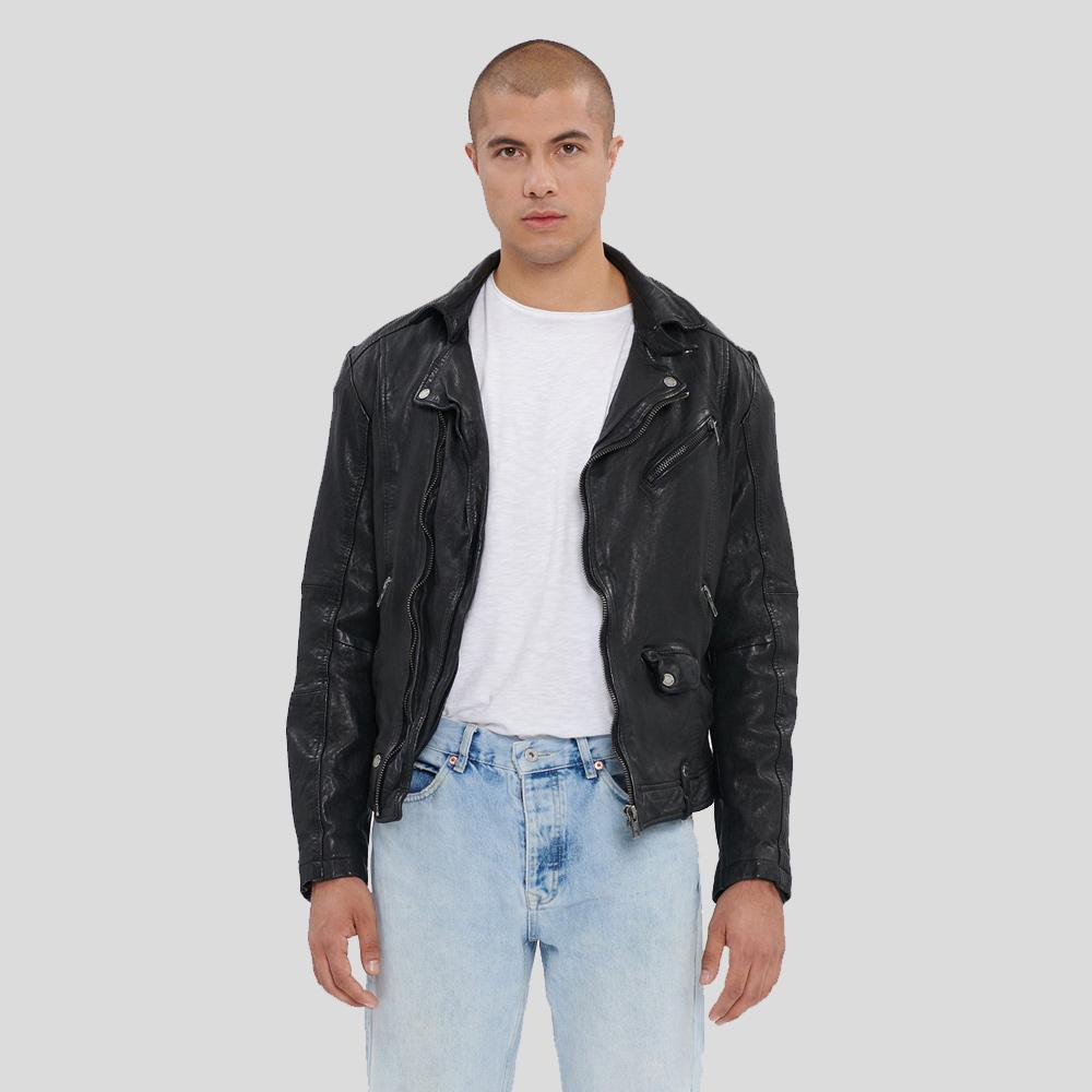 men’s black lambskin leather biker jacket front view