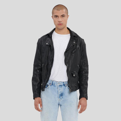 men’s black lambskin leather biker jacket front view