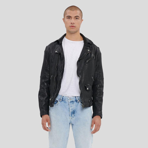 men’s black lambskin leather biker jacket side angle