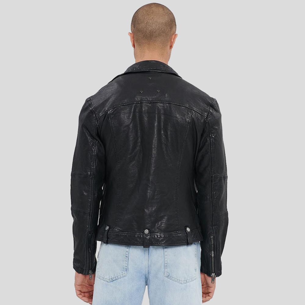 men’s black lambskin leather biker jacket back view