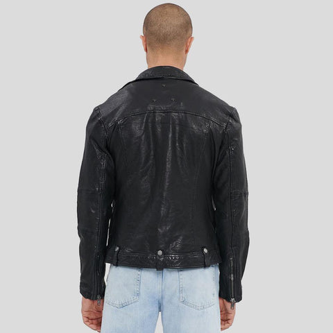 men’s black lambskin leather biker jacket back view
