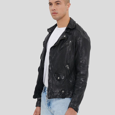 men’s black lambskin leather biker jacket detail view