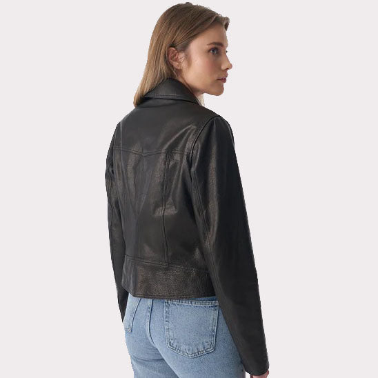 Natural Grain Black Women's Classic Biker Jacket - AMSEL LEATHERS