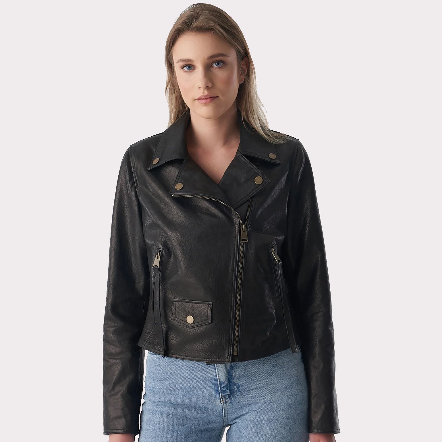 Natural Grain Black Women's Classic Biker Jacket - AMSEL LEATHERS