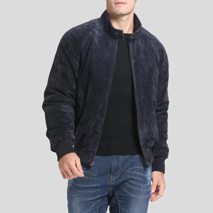 Men's Navy Blue Suede Bomber Leather Jacket - AMSEL LEATHERS