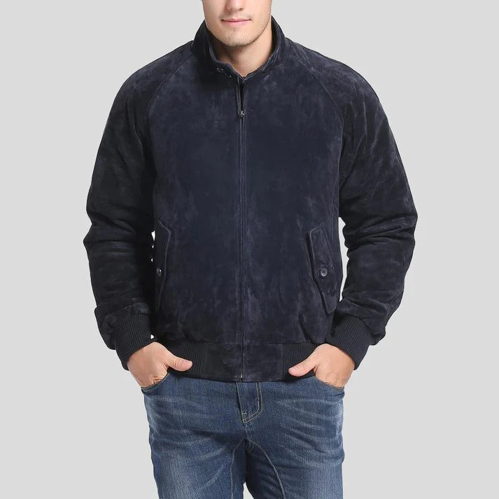 Men's Navy Blue Suede Bomber Leather Jacket - AMSEL LEATHERS