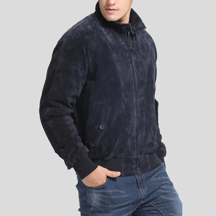 Men's Navy Blue Suede Bomber Leather Jacket - AMSEL LEATHERS