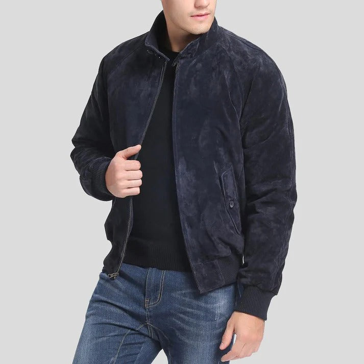 Men's Navy Blue Suede Bomber Leather Jacket - AMSEL LEATHERS