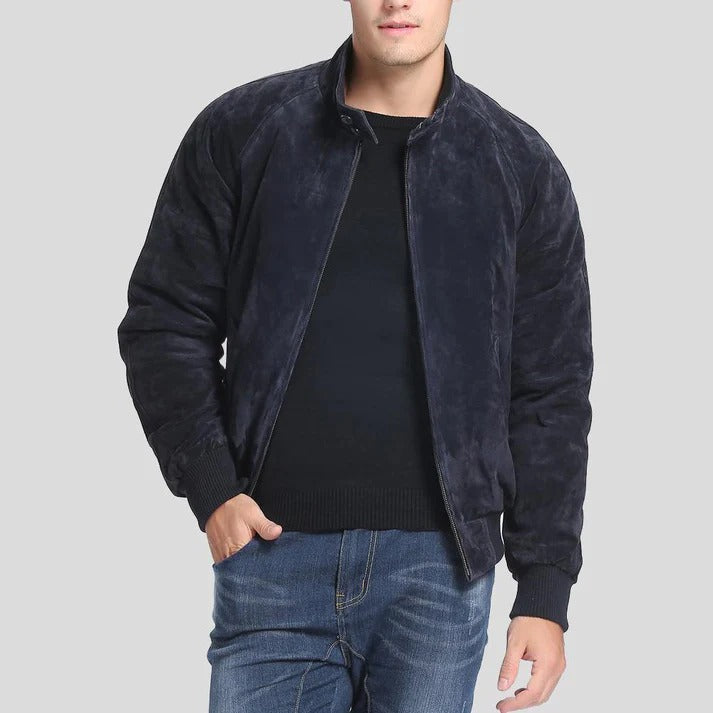 Men's Navy Blue Suede Bomber Leather Jacket - AMSEL LEATHERS